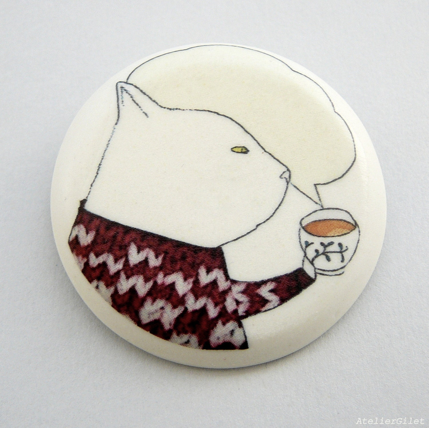 Tea time brooch illustrated porcelain by AtelierGilet -Tea in tricot - LARGE