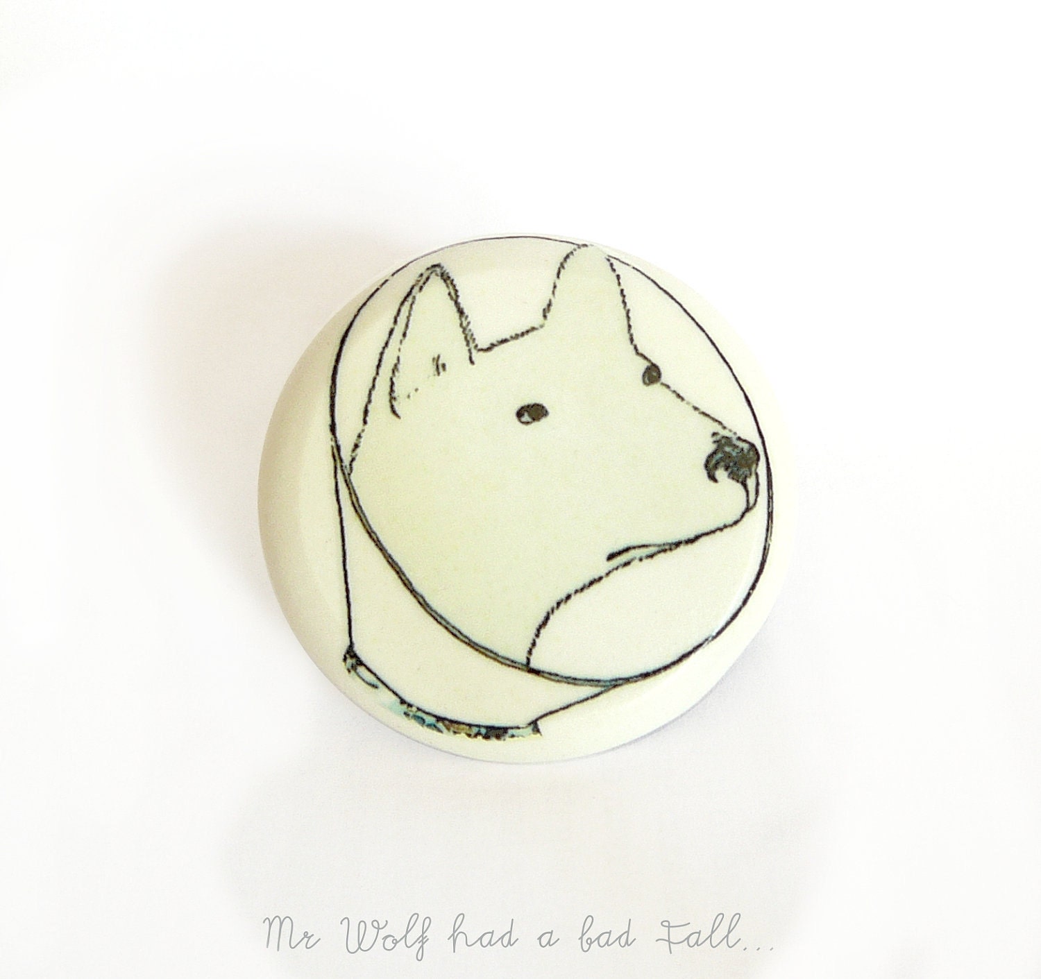 Illustrated brooch. Get well gift. Wolf wearing collar - E-cone