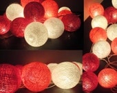 20 Mixed Coral-Red Tone Handmade Cotton Balls Fairy String Lights Party Patio Wedding Floor Table or Hanging Gift Home Decoration