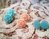 Set of 3 Floral Cabochon Earrings - Pink and Blue