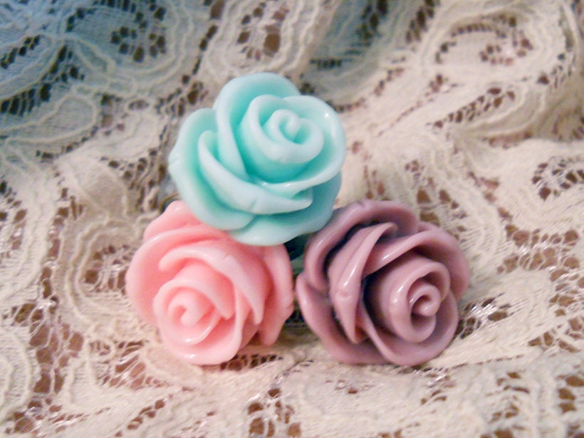 Large Light Blue, Pink, or Soft Purple Rose Cabochon Ring
