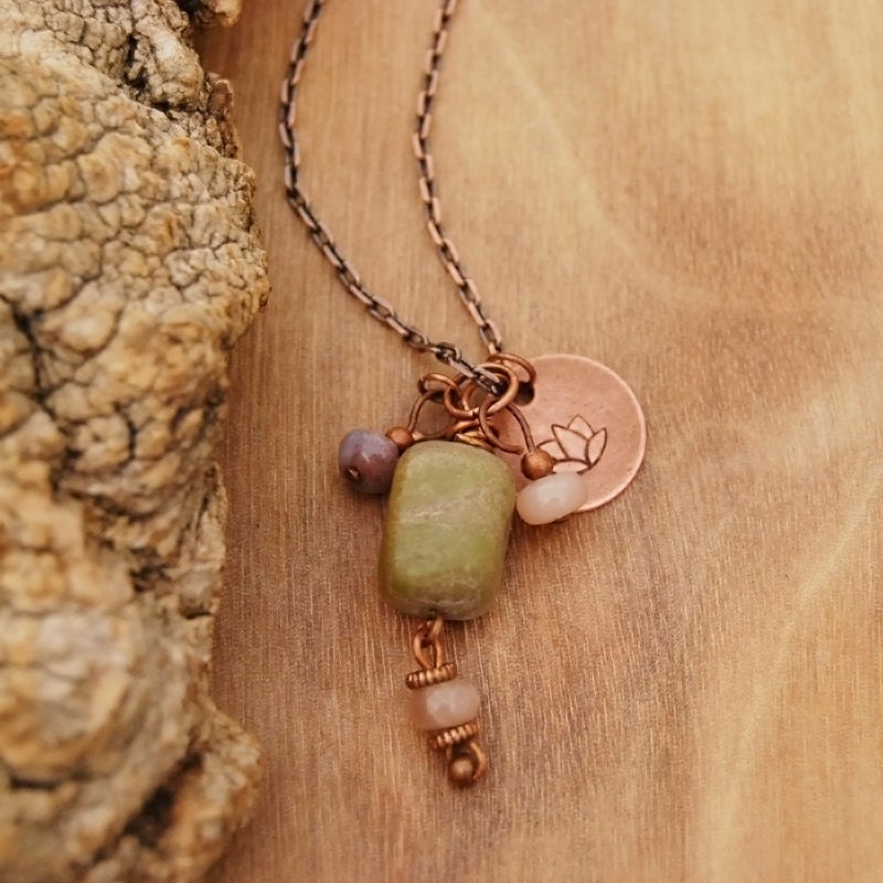 Yoga necklace - lotus flower charm with green jade, moonstone and fancy jasper gemstone