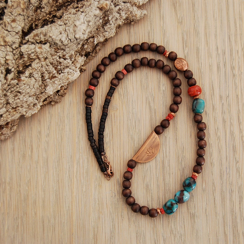 yoga jewelry - lotus necklace with chrysocolla, coral, wood - Utpala
