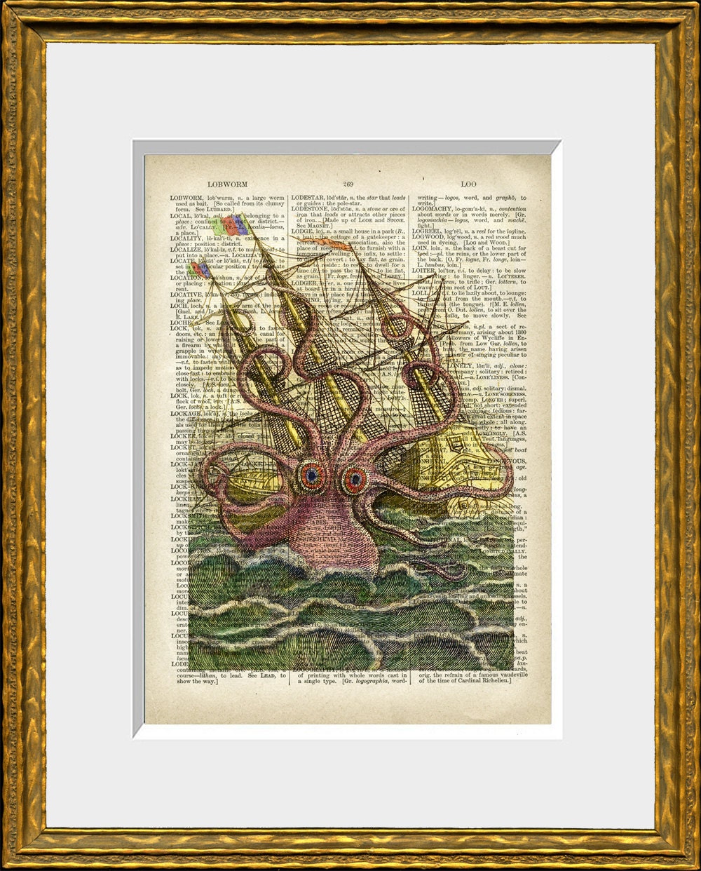 OCTOPUS ATTACKING SHIP recycled book page art print - upcycled antique dictionary page with a retooled antique ocean illustration - wall art