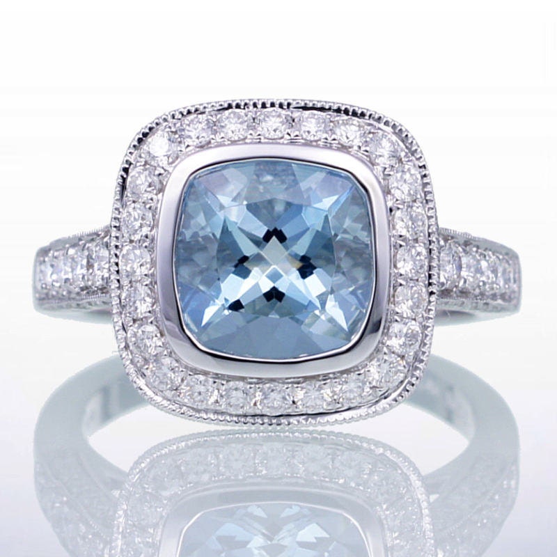 Cushion Cut Aquamarine Diamond Halo Pave Filigree Bezel Set Engagement Solitaire Wedding Ring