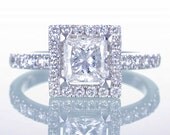 14K White Gold Princess Cut Diamond Engagement Ring with Diamond Halo Solitaire Bridal Set