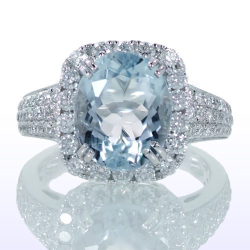 Cut Aquamarine set in Cushion Diamond Halo Engagement Ring Wedding ...