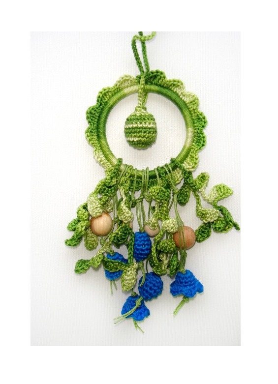 Teething ring Green blue teether Rattle Flower -  Baby Shower gift  Breastfeeding- Summer spring