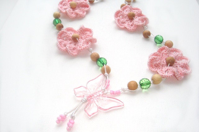 Nursing bead  Pink Flower Butterfly Girl necklace  Woodland Toddler Girls Jewelry