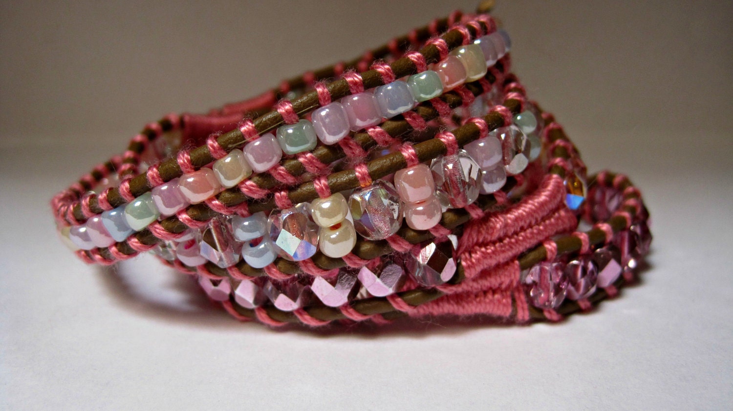 Leather Wrap Bracelet, Love at first sight, Pink Beaded, Boho Chic,