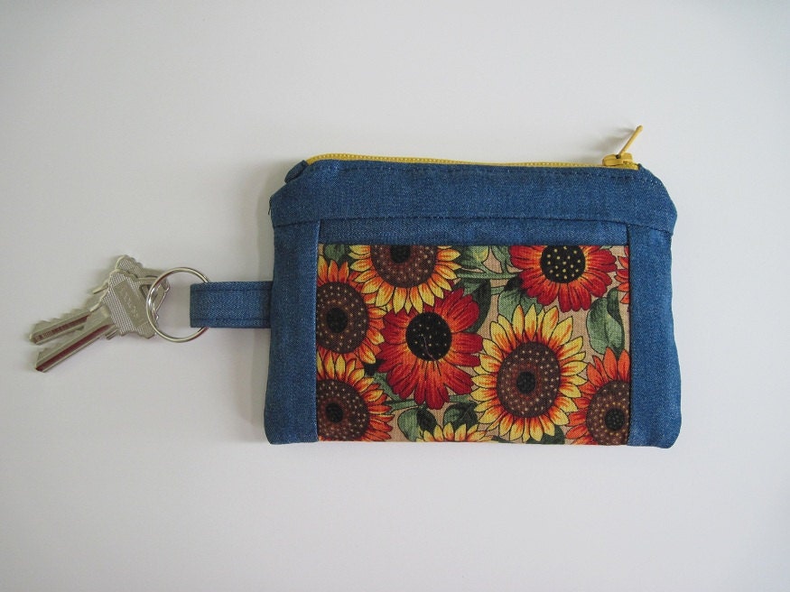 Sunflower Denim Wallet, Zipper Coin Wallet with Key Ring and Pockets, 5.25 x 3.5 inches
