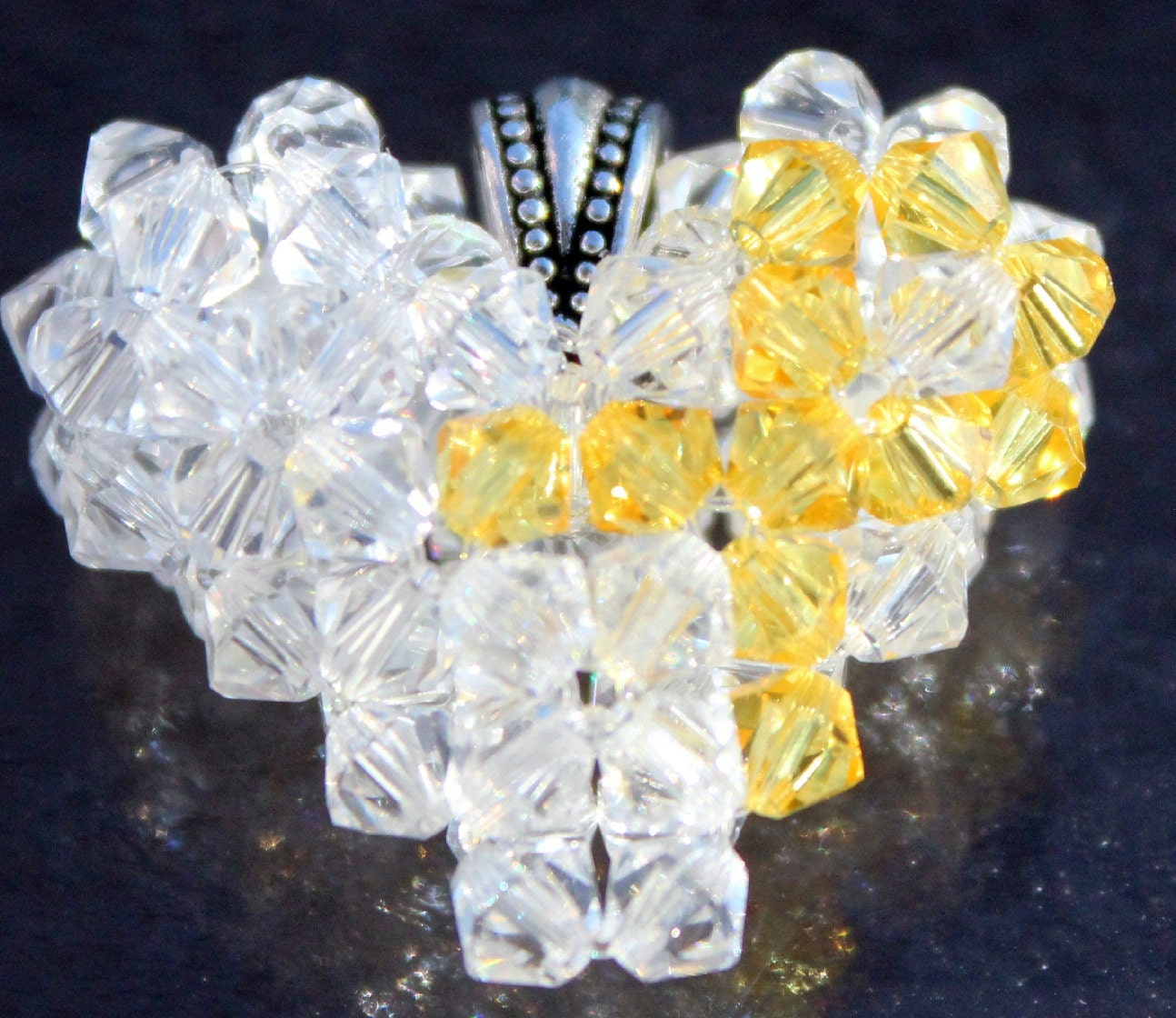 Floating Swarovski Crystal Awareness Ribbon Necklace, Yellow Awareness Ribbon Heart Pendant, Raise Awareness, Bling for Awareness