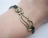 Bracelet-antique bronze cat bracelet,cat real leather bracelet