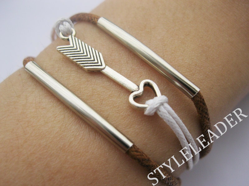 Bracelet-antique silver arrow bracelet,arrow brown wax cords Bracelet,wax cords bracelet