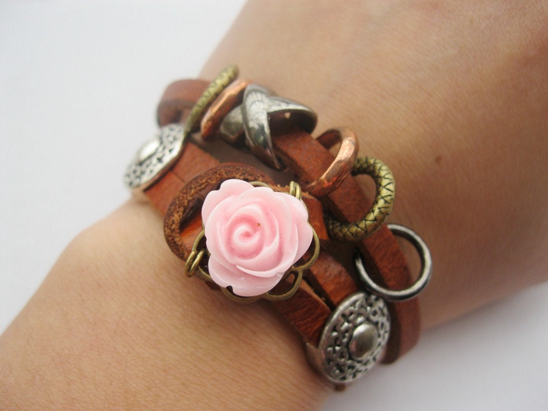 Bracelet-real leather bracelet with resin flower,genuine leather bracelet