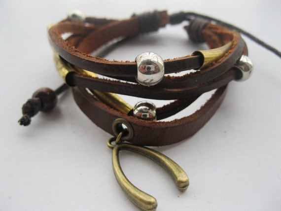 Bracelet-antique bronze wish bone real leather bracelet,wish bone cuff