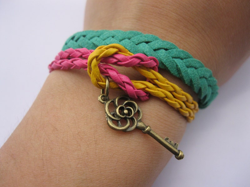 Bracelet-antique bronze key bracelet,key braid bracelet,velour leather bracelet