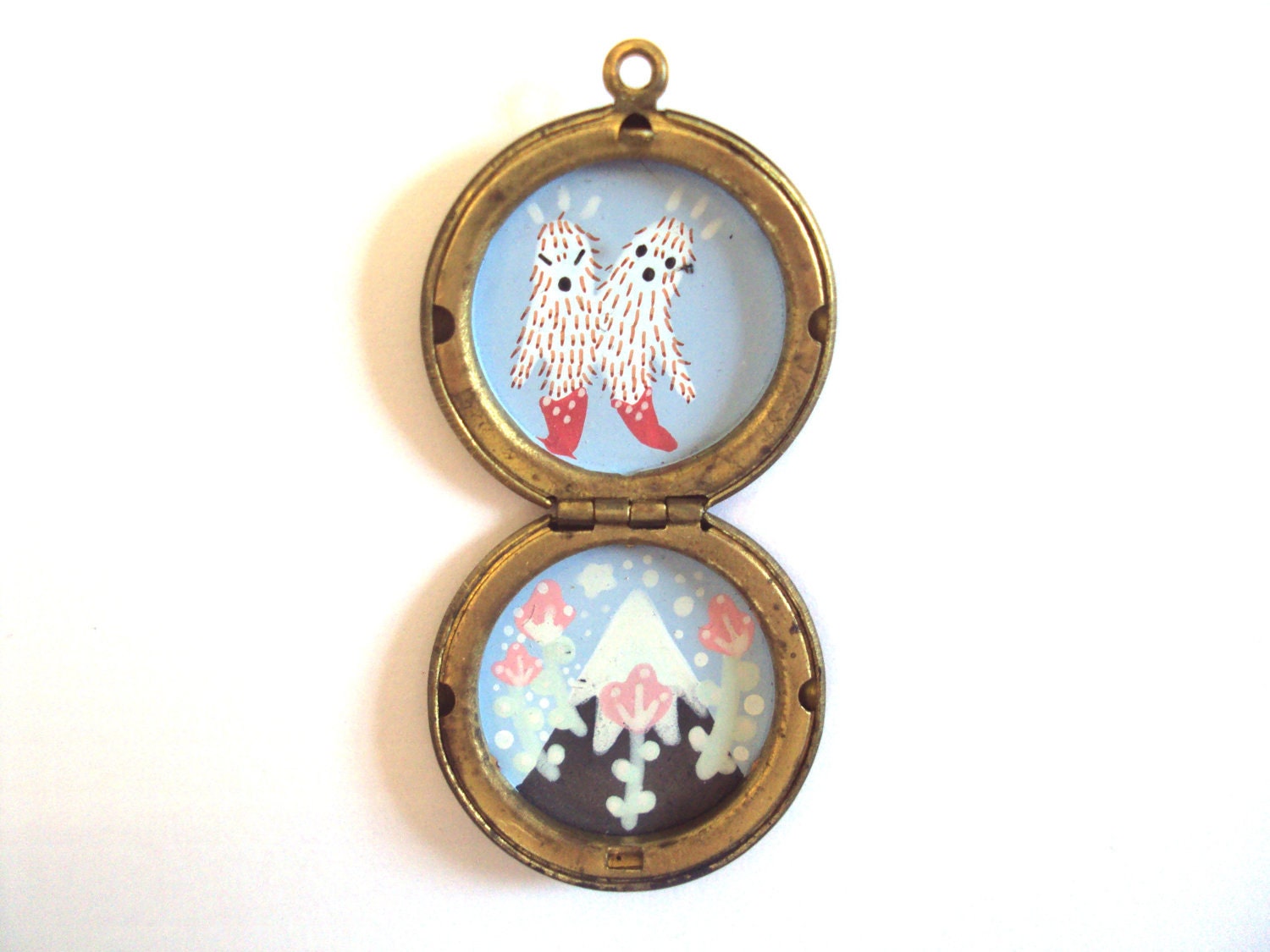 Two Headed Wild Yeti Hand Painted Locket Necklace