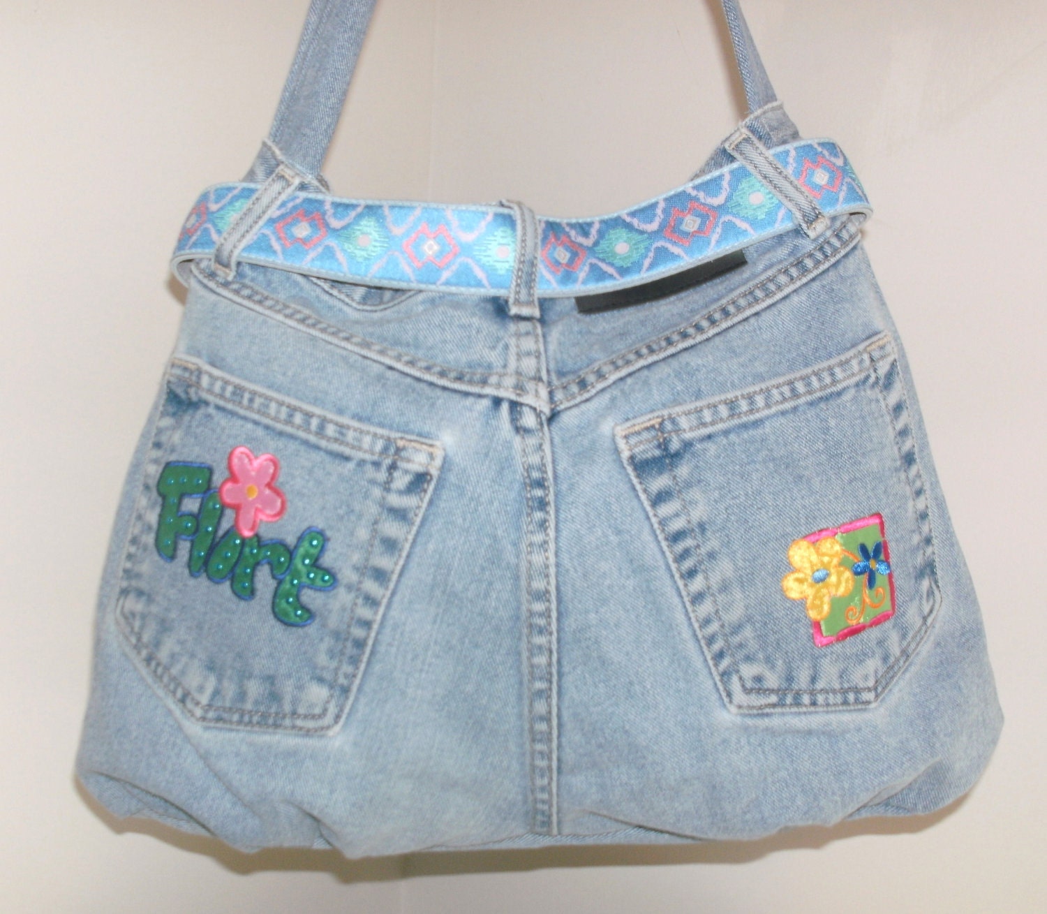 SALE Ready to Ship Upcycled Denim Blue Jeans Purse Diaper Bag lined, with applique & belt