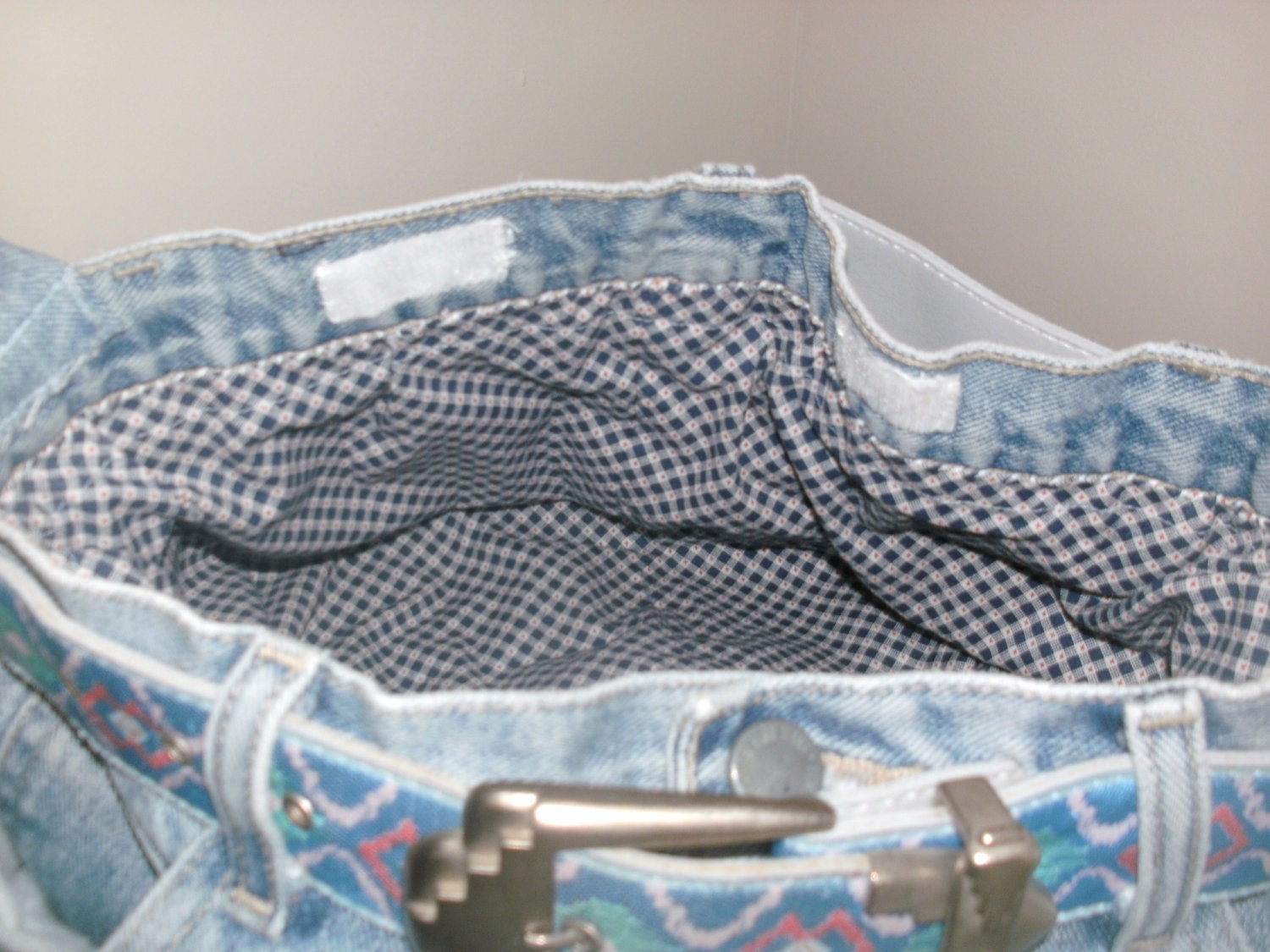 SALE Ready to Ship Upcycled Denim Blue Jeans Purse Diaper Bag lined, with applique & belt