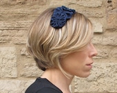 Adult Headband - Rosette Headband, Navy Blue Shantung Silk Trio Rosette Headband For Women and Girls