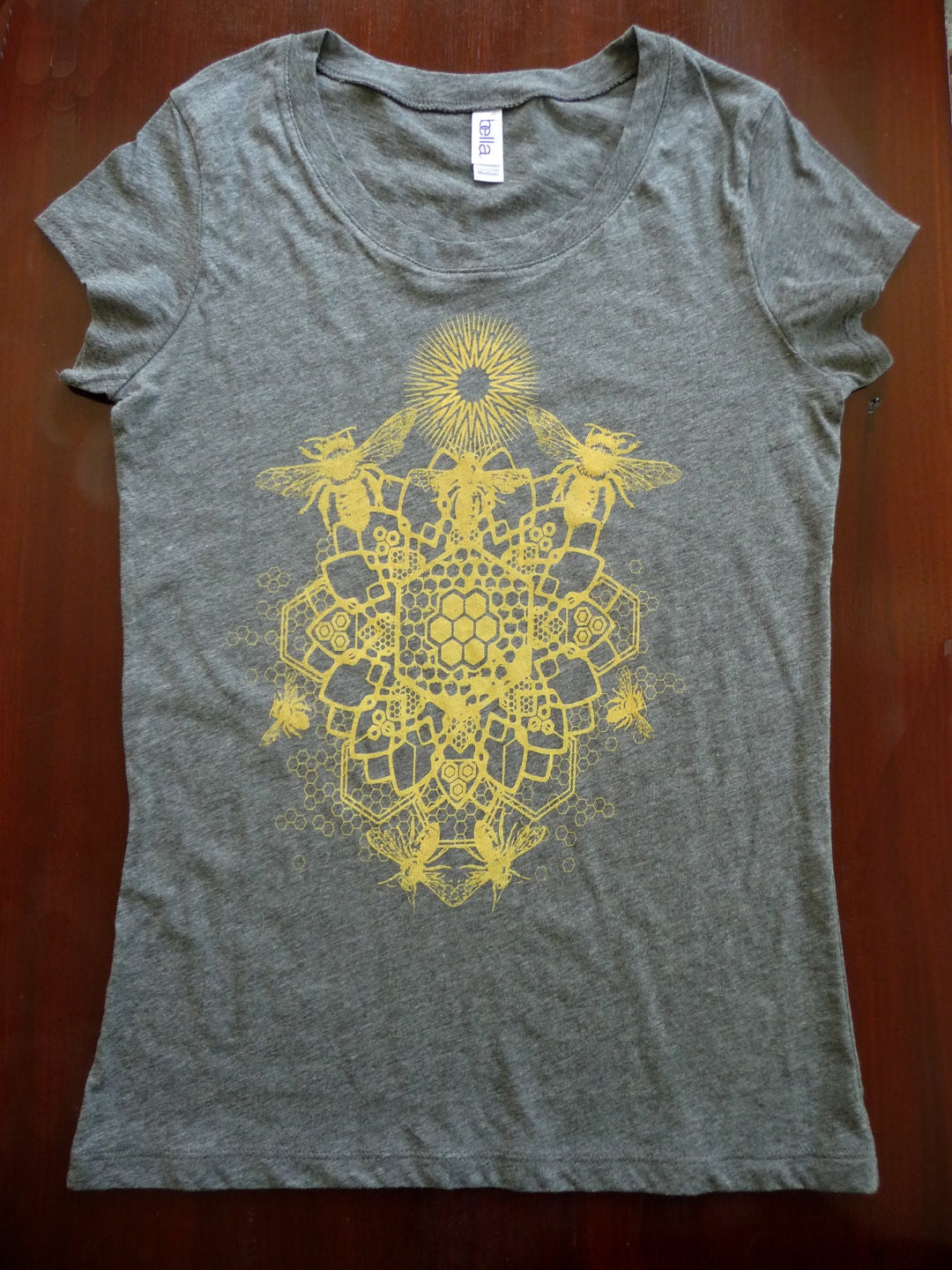 WOMEN'S Bee Mandala Printed in Honey Yellow on a Gray Bella Soft 100% Cotton Slim Fit Screen Printed T-Shirt