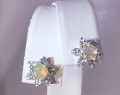 Ethiopian Opal Sterling Silver Earrings with Sky Blue Topaz Petals Daisy Cluster Studs