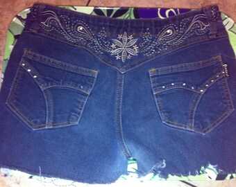Studded upcycled Blue Shorts Distressed High Waisted Embroidered Flowers Silver Rhinestones Size 3-4