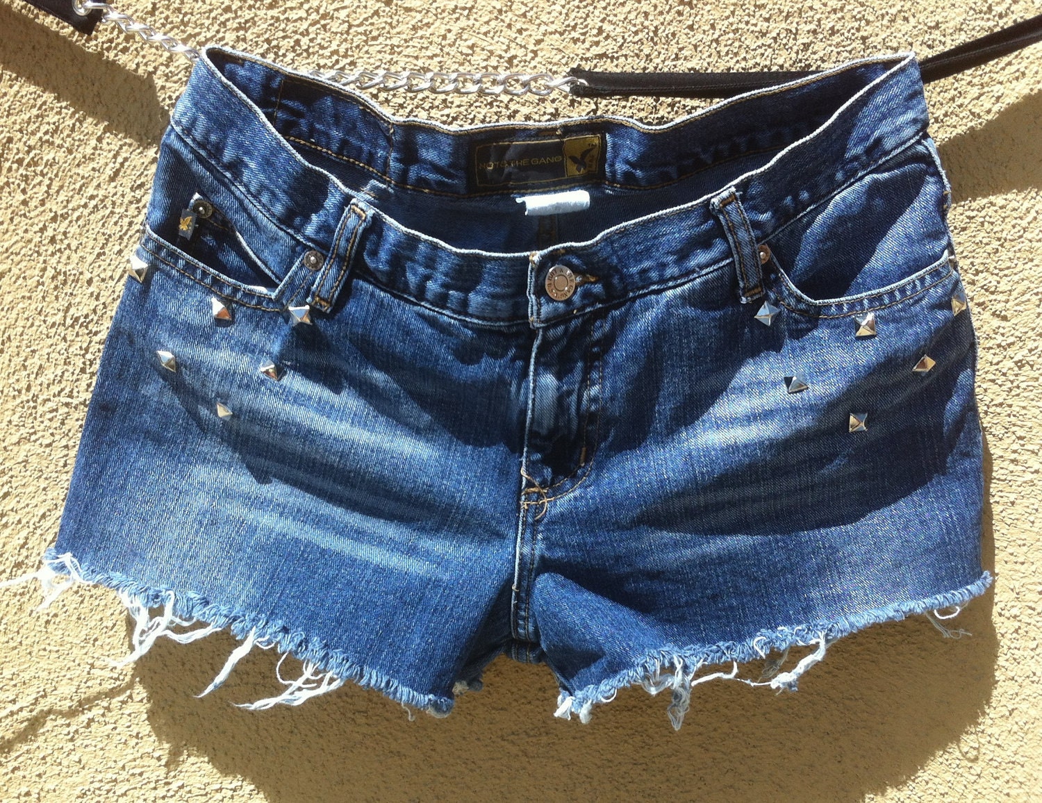 Studded Blue Shorts Distressed Bleached High Waisted Silver Pyramid Studs Size 11"