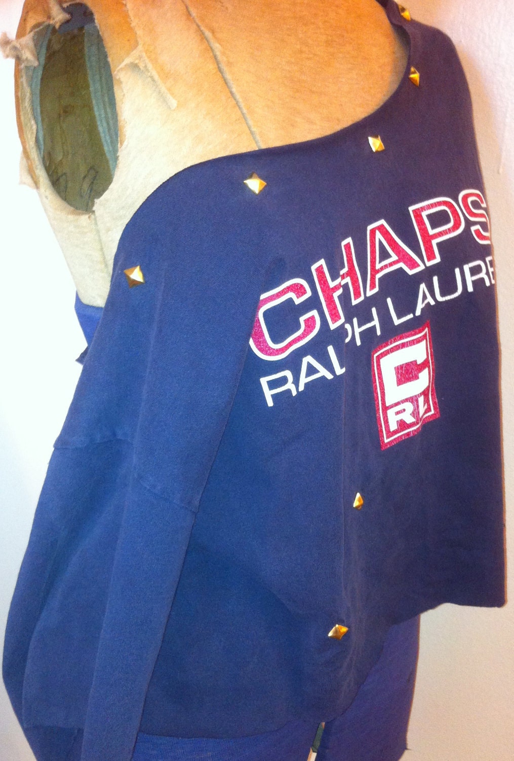SALE Chaps Ralph Lauren Blue and Red Boyfriend Off The Shoulder Tshirt Upcycled short Sleeves Faded Cut Distressed Large Gold Pyramid Studs