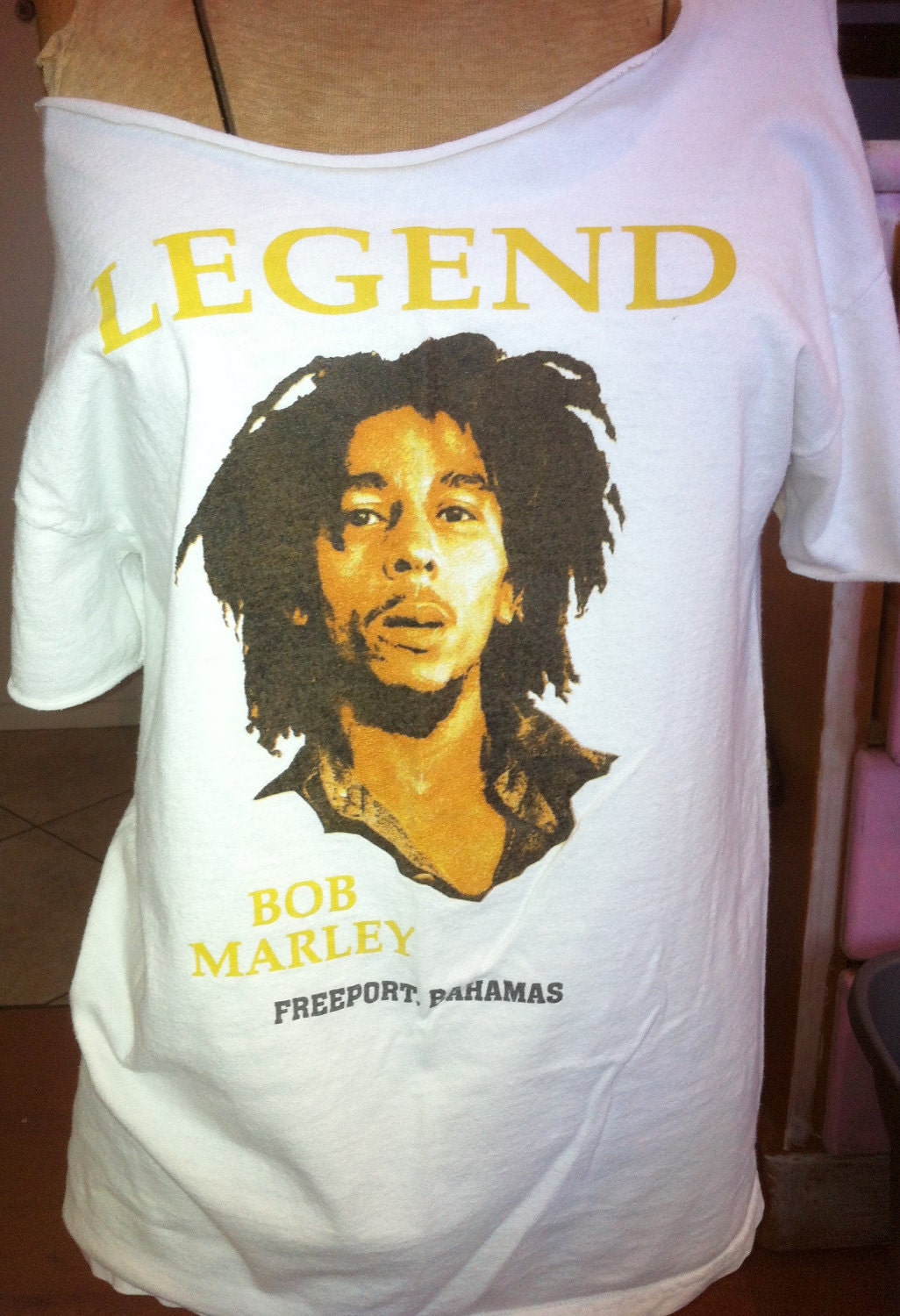 Bob Marley White Tshirt Upcycled Off the Shoulder Short Sleeves Faded Cut Distressed Medium Cut back