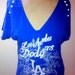 LA Dodgers Navy Blue Tshirt Upcycled Cut short Sleeves V neck Cut Distressed Studs Sz. S