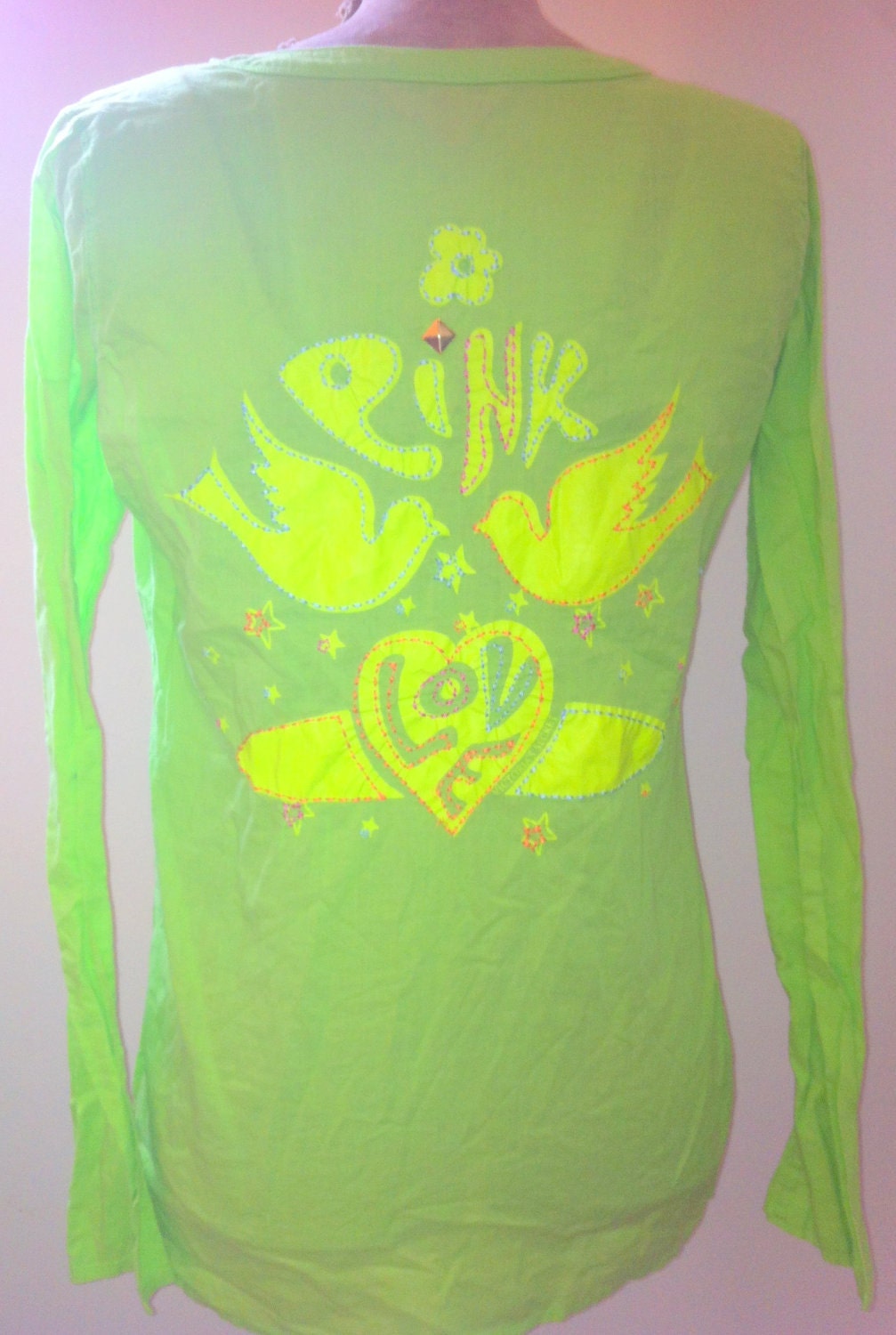 reserved for racheal Studded Lime Green Tunic Top Airy Top Upcycled Pyramid Gold Studs Stitching Design Sz. S