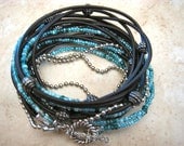 Boho Chic Endless Black Leather Wrap Turquoise Beaded Bracelet with Silver Accents...."FREE SHIPPING"
