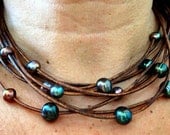 Diva Tahitian Style Peacock Baroque Fresh Water Pearl & Brown Leather Necklace "FREE SHIPPING"