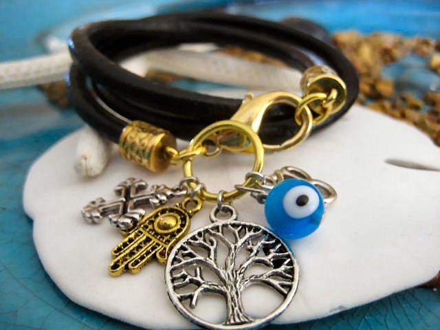 Boho Chic Black Triple Wrap Leather Charm Bracelet with Tree of Life, Hamsa, Ohm, Cross, Evil Eye...."FREE SHIPPING"