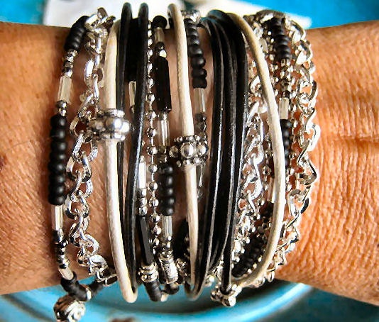 Boho Chic Endless Leather Wrap Beaded Black and White Bracelet with Silver Accents...."FREE SHIPPING"