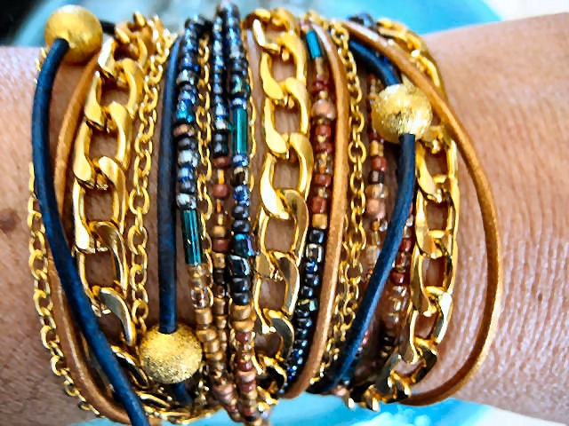 Boho Chic Endless Leather Wrap Beaded Bracelet with Chunky Gold Chain Accents...Polo Club..