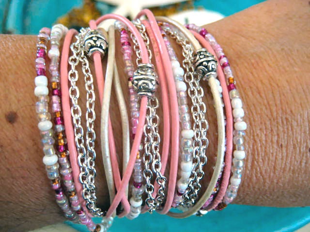 Boho Chic Endless Leather Wrap Beaded Bracelet...Breast Cancer Awareness...."FREE SHIPPING"