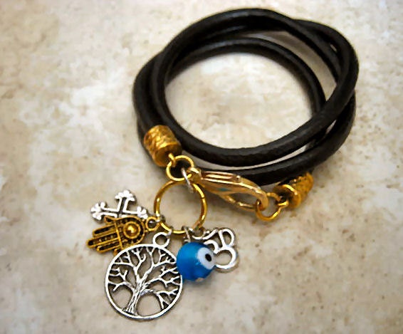 Boho Chic Black Triple Wrap Leather Charm Bracelet with Tree of Life, Hamsa, Ohm, Cross, Evil Eye...."FREE SHIPPING"