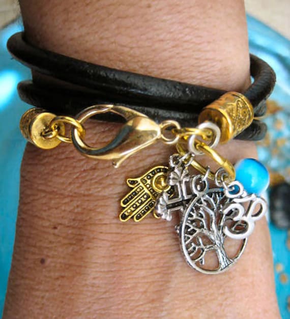 Boho Chic Black Triple Wrap Leather Charm Bracelet with Tree of Life, Hamsa, Ohm, Cross, Evil Eye...."FREE SHIPPING"