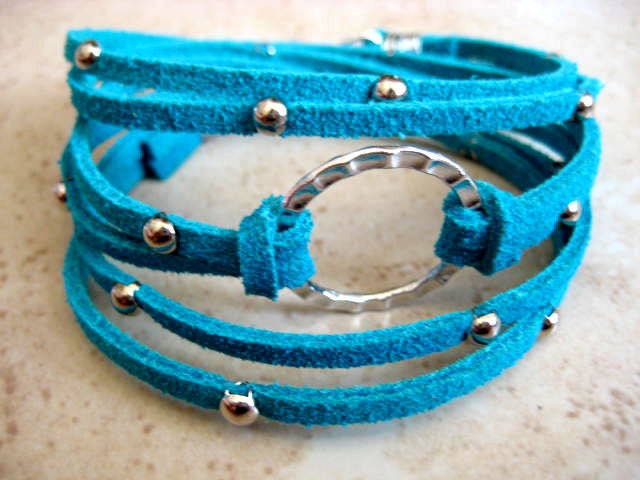 Boho Chic Good Luck Silver Circle Hammered Triple Wrap Turquoise Suede Bracelet with Silver Accents...."FREE SHIPPING"