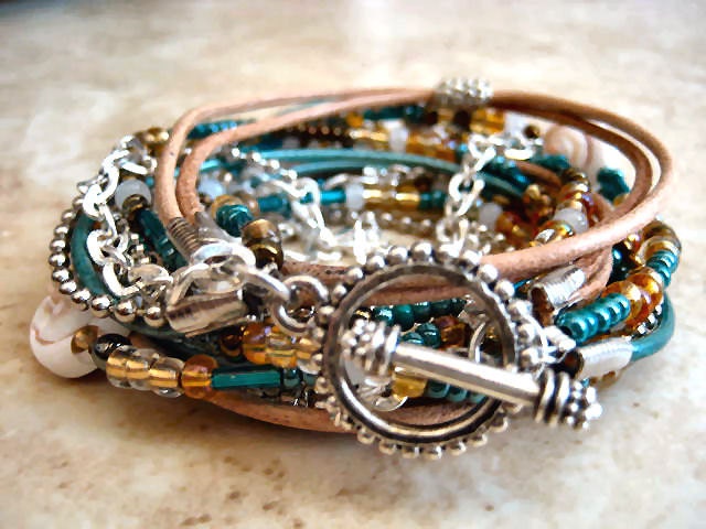 Boho Chic Endless Leather Wrap, Silver Chain Beaded Bracelet...She Sells Sea Shells...."FREE SHIPPING"