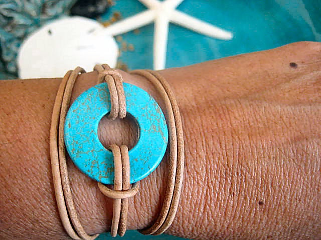 Boho Chic Good Luck Turquoise Circle Triple Wrap Natural Leather Bracelet with Silver Accents...."FREE SHIPPING"