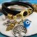 Boho Chic Black Triple Wrap Leather Charm Bracelet with Tree of Life, Hamsa, Ohm, Cross, Evil Eye...."FREE SHIPPING"