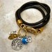 Boho Chic Black Triple Wrap Leather Charm Bracelet with Tree of Life, Hamsa, Ohm, Cross, Evil Eye...."FREE SHIPPING"