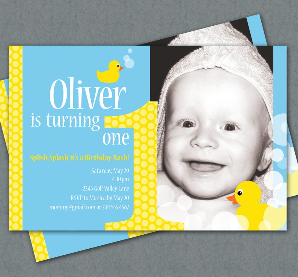 Ducky First Birthday Custom Photo Invitation Printable - Yellow Rubber Duckies - Splish Splash it's a Birthday Bash