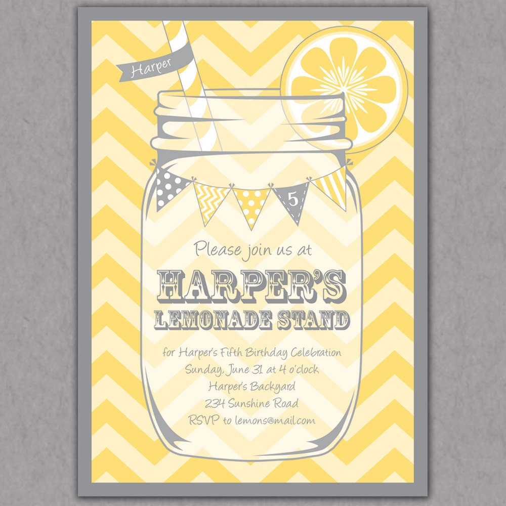 Lemonade Stand Party Invitation - Yellow Chevrons - Mason Jar - Bunting - Pink Lemonade Birthday Party Printable Invite - Bridal Shower -