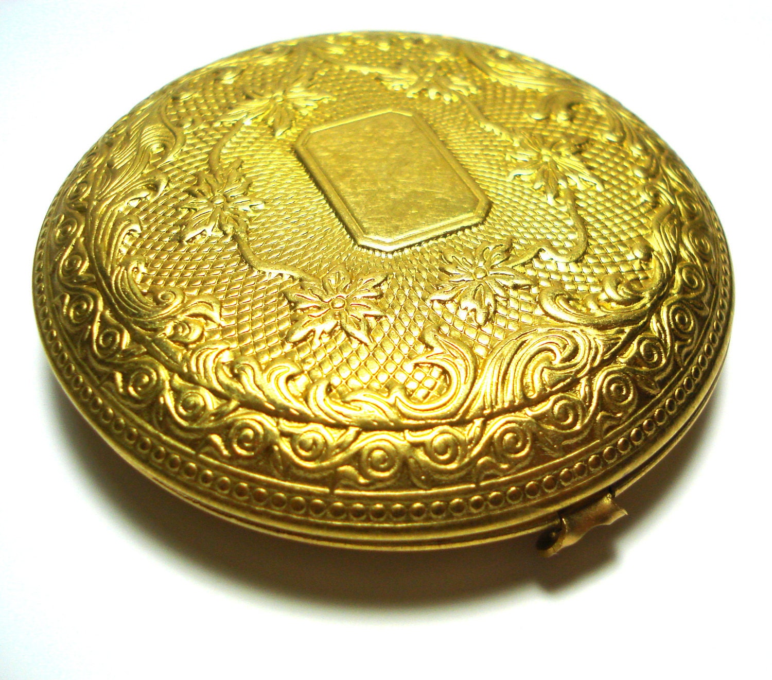 Solid Perfume Compact Locket Large Gold Brass Embossed Round