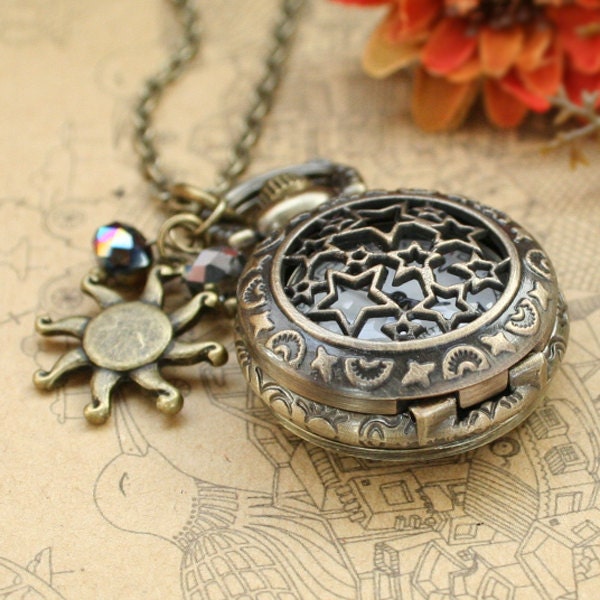 Vintage star pocket watch necklace with antique bronze sun charm and crystal charm
